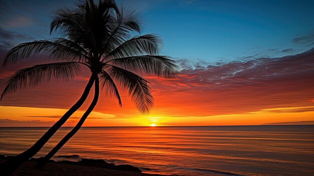 Photo a palm tree silhouette against a vibrant sunset on kaanapali beach in maui