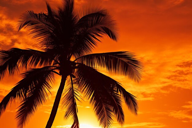 A palm tree silhouette against a vibrant sunset