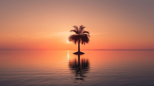 A palm tree on a small island in the middle of the ocean with the sun setting behind it