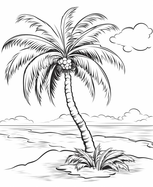 a palm tree on a small island with a cloudy sky generative ai