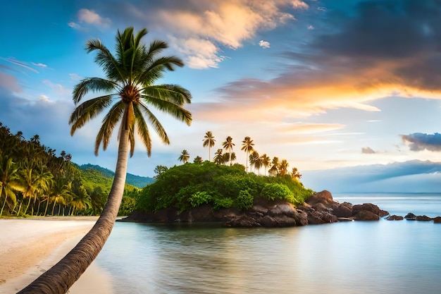 A palm tree on a small island with a sunset in the background