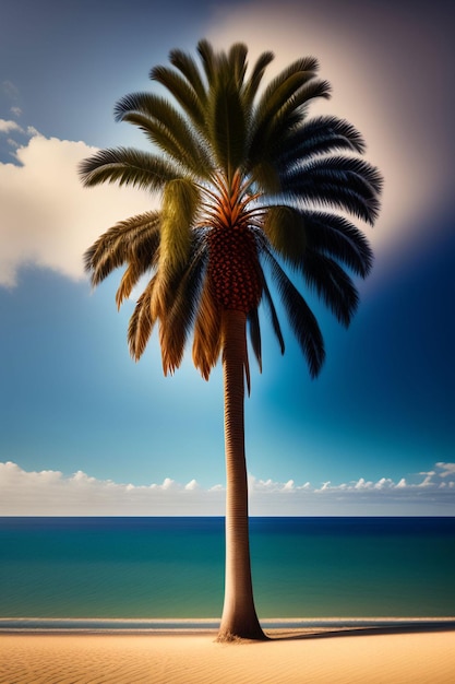 A palm tree stands on the beach in front of a blue sky.