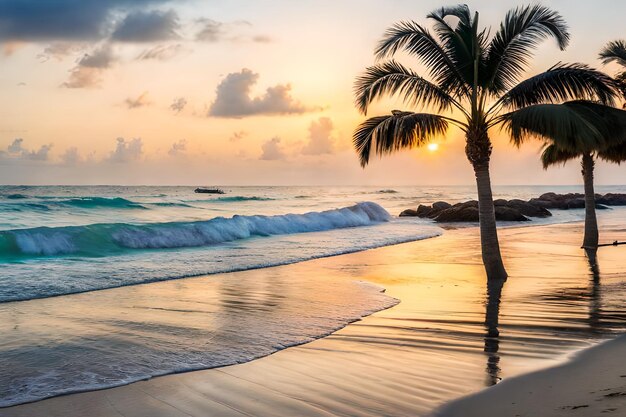 A palm tree stands in the sand at sunset