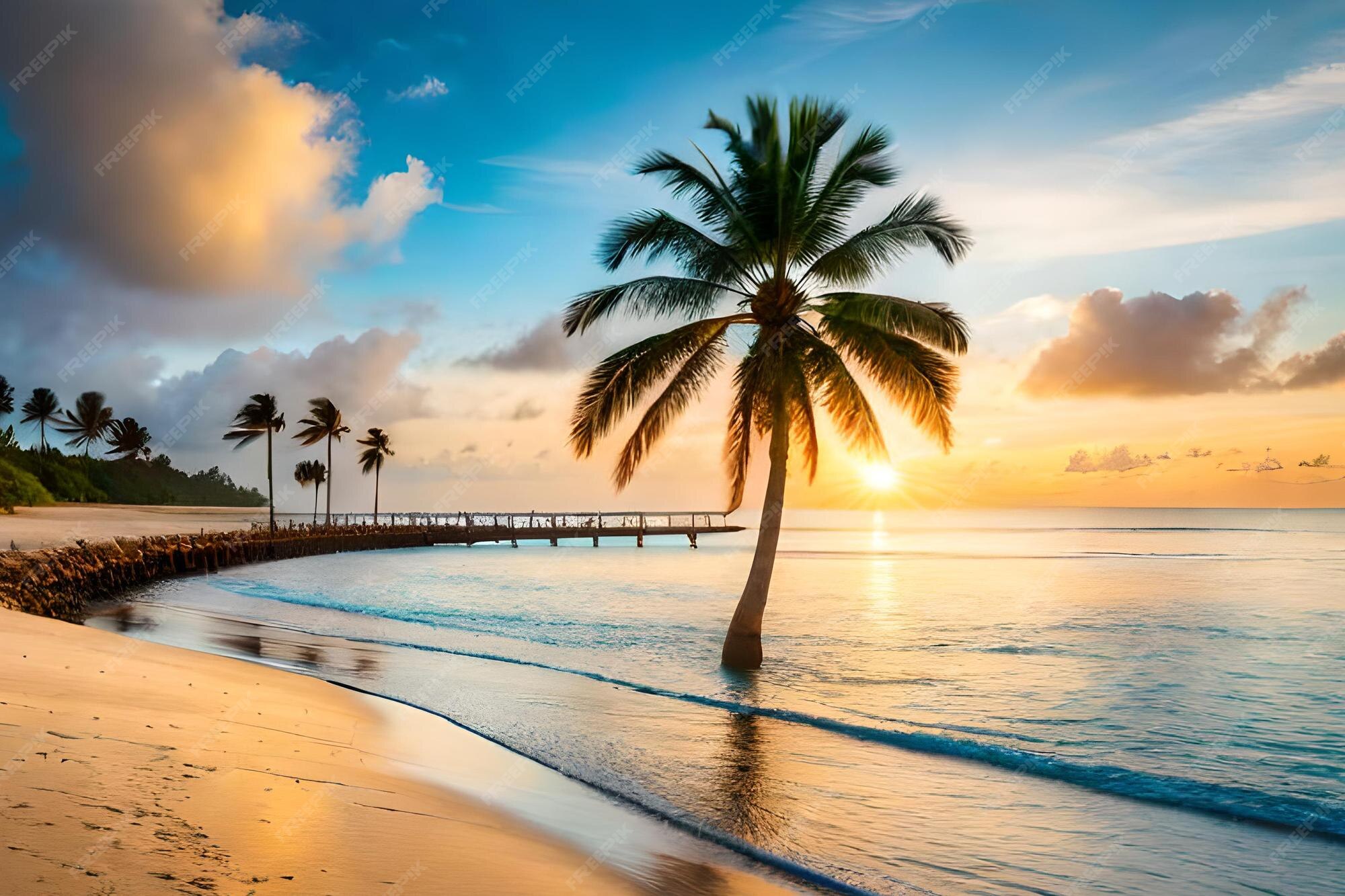 Premium Photo A palm tree stands in the water at sunset