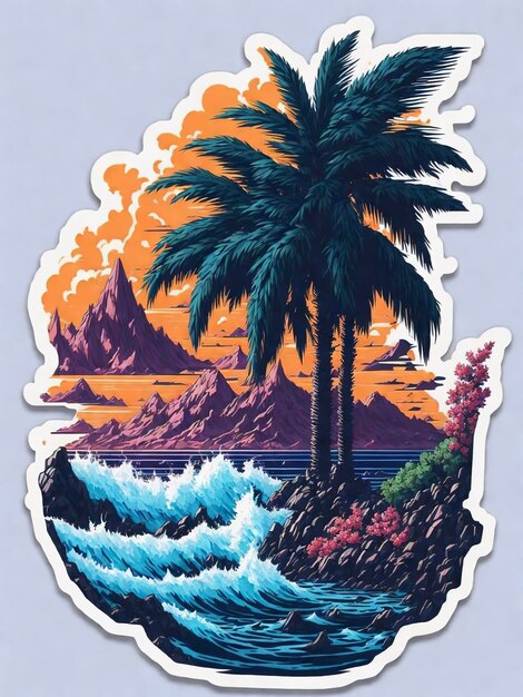 Palm tree stickers beautiful flowers mountains and sunrise clouds big ocean waves water splashes