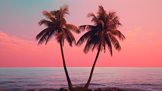 Пальмовое дерево на пляже заката Генеративный ИИ