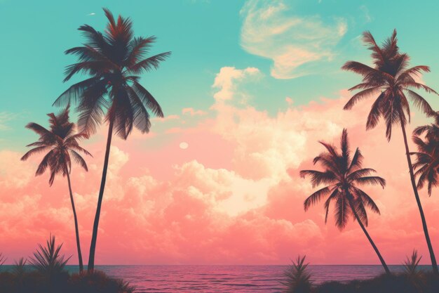 palm tree trees on the shore on a turquoise and pink beach background