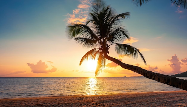 Palm tree on tropical beach with blue sky and white clouds abstract background