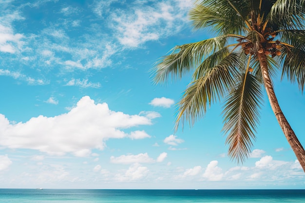 青い空と白い雲の抽象的な背景を持つ熱帯のビーチのヤシの木