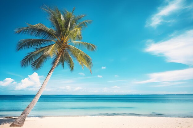 Palm tree on tropical beach with blue sky and white clouds AI generate