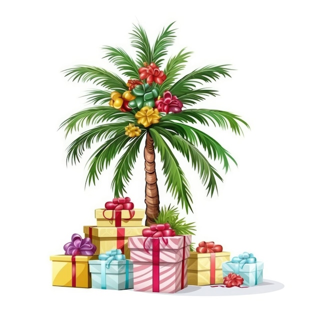 Palm tree with Christmas gift boxes on white background New Year holidays Vacation on tropical island Drawn cartoon style