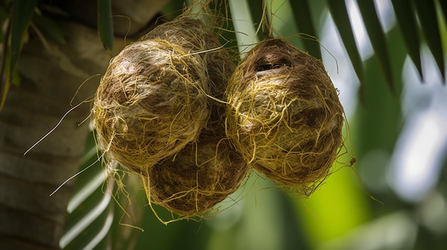 A palm tree with nests on it