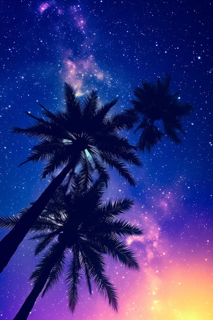 Palm tree with purple and blue sky in the background Generative AI