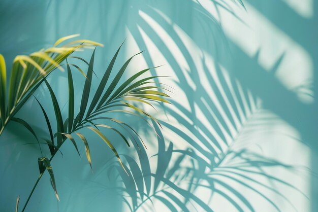Photo a palm tree with the shadow of a blue wall background