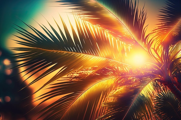 A palm tree with the sun shining through it generative AI