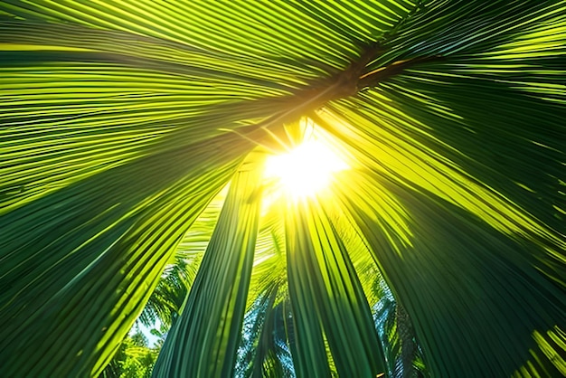 A palm tree with the sun shining through it