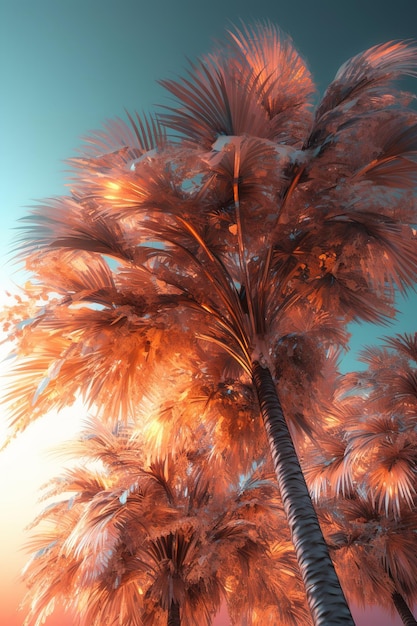 A palm tree with a sunset in the background