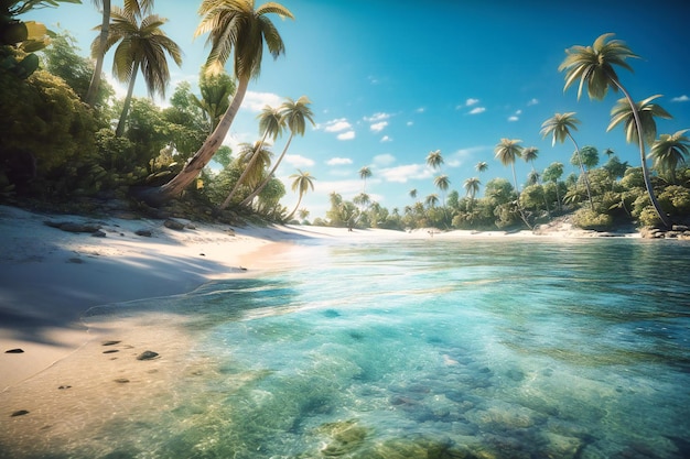 A palm treelined beach with crystal clear water and white sand