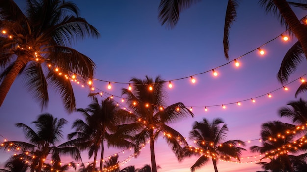 Palm trees adorned with Christmas garlands and fairy lights at night