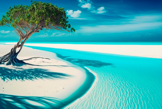 Palm trees against blue sky tropical coast with mountains on a background ocean sea