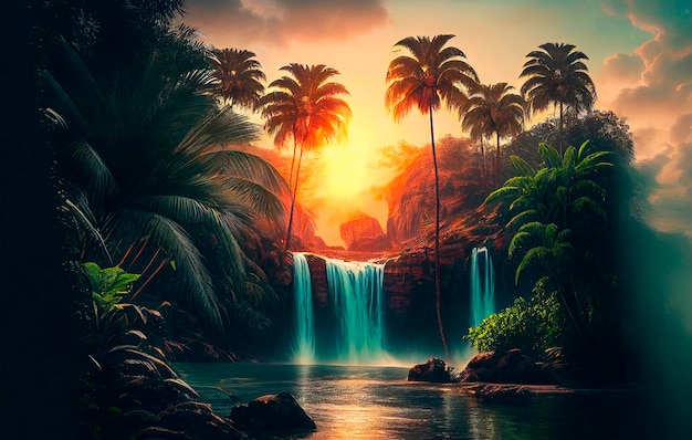 Фото Пальмы на фоне закатного неба тропического побережья с водопадом и горами на фоне речного озера