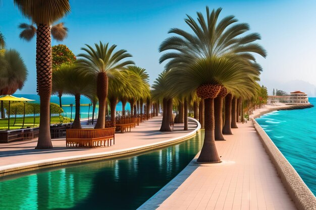 Palm trees alley on seafront promenade in Antalya Turkey