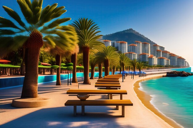 Palm trees alley on seafront promenade in Antalya Turkey