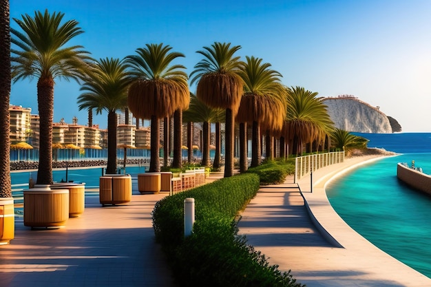 Palm trees alley on seafront promenade in antalya turkey