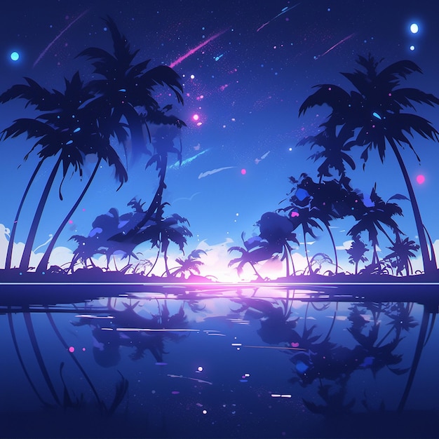 Photo palm trees are reflected in a pool of water at night generative ai