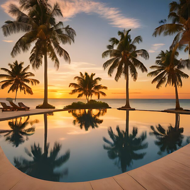 Photo palm trees are reflected in a pool with a sunset in the background