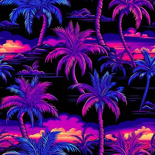 palm trees are shown in purple and pink colors