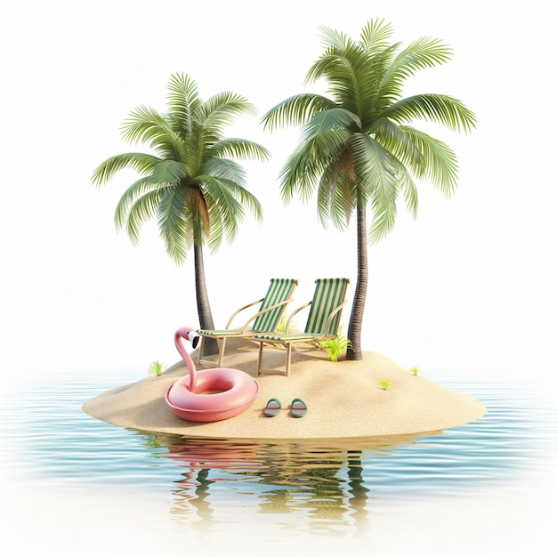 palm trees are on a small island with a beach chair and a beach chair