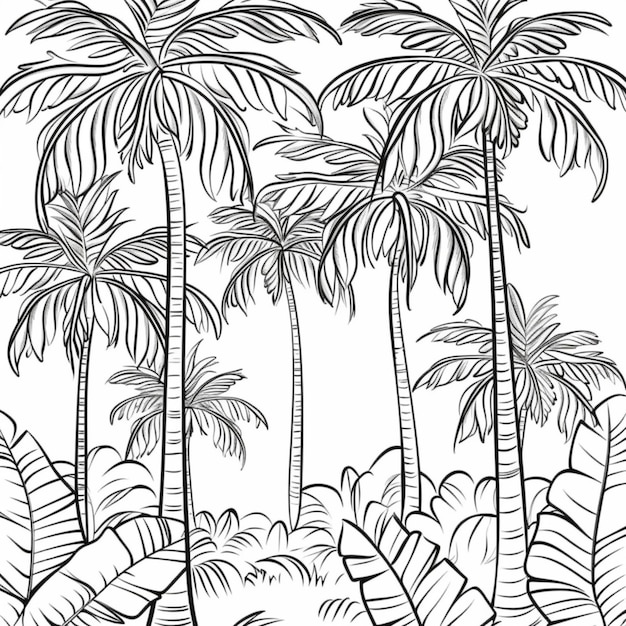 palm trees in the background of a black and white drawing