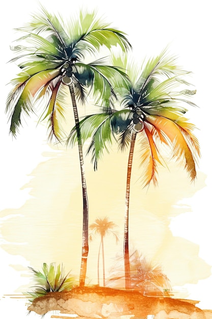 Palm trees on the beach Handdrawn watercolor illustration Greeting card