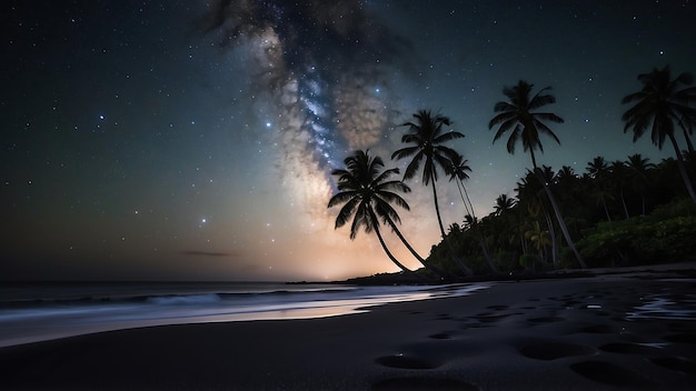 夜空に星の形をした星を持つビーチのナツメヤシ