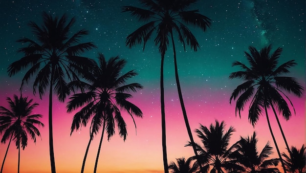 夕暮れのビーチのナツメヤシの木夜空に星が輝く夕暮れの日曜日のビーチでナツメジャシの木