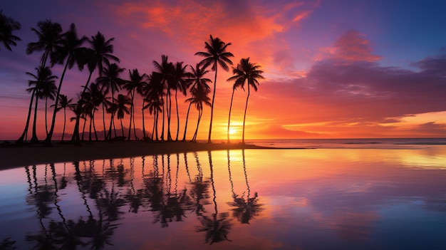 Foto palme sulla spiaggia al tramonto