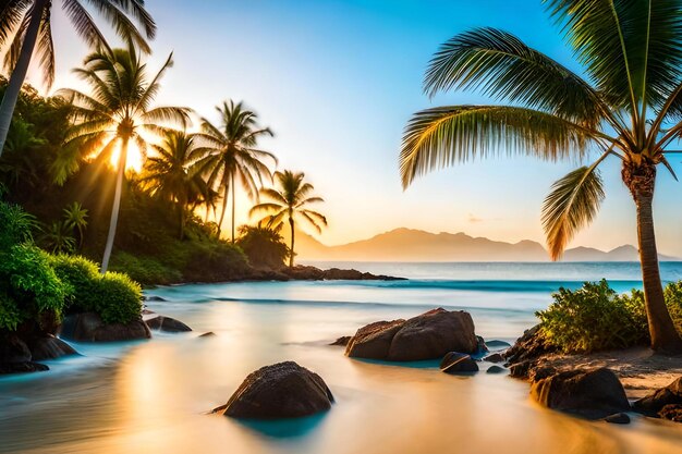 Palm trees on the beach at sunset