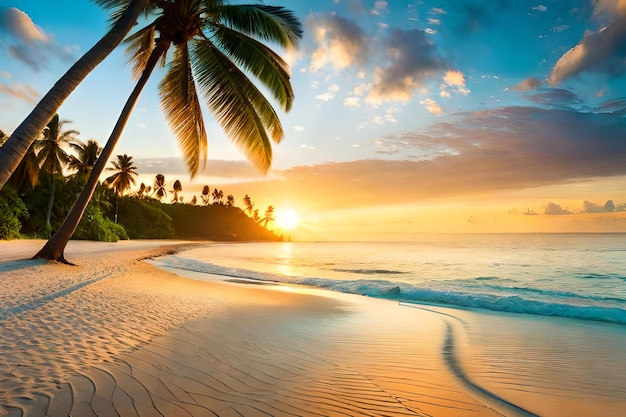 Palm trees on a beach at sunset