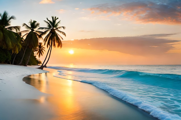 Palm trees on a beach at sunset