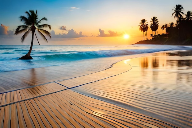 Palm trees on the beach at sunset