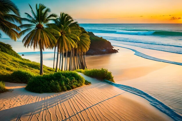 Palm trees on a beach at sunset