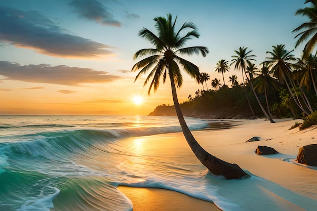 Palm trees on a beach at sunset