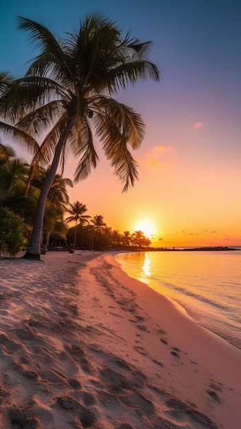 Palm trees on a beach at sunset