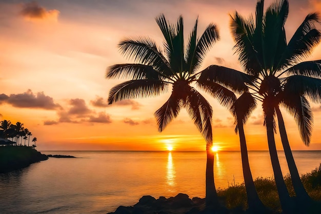 Palm trees on the beach at sunset