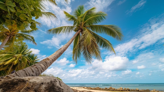 Palm trees on a beach with a blue sky in the background