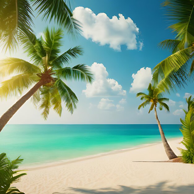 palm trees on a beach with a blue sky and clouds