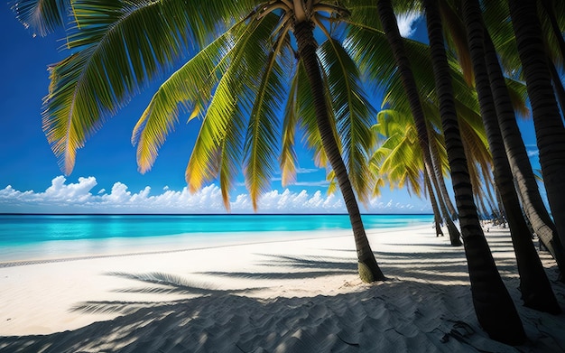 Palm trees on a beach with a blue sky