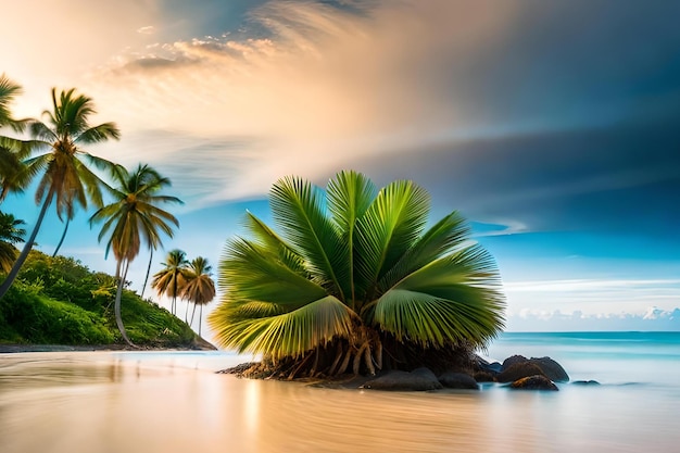 Palm trees on a beach with a cloudy sky in the background