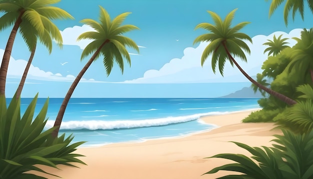 Photo palm trees on the beach with a drawing of a cartoon scene